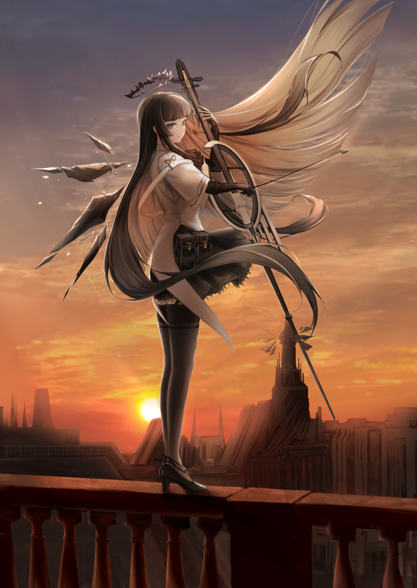 1girl absurdres architecture arknights arm_up ascot backlighting black_ascot black_footwear black_garter_straps black_gloves black_hair black_halo black_skirt black_thighhighs black_wings blue_sky bow_(music) bright_pupils broken_halo building cello closed_mouth clouds cloudy_sky coat colored_inner_hair commentary dark_halo detached_wings energy_wings floating_clothes floating_hair from_side full_body garter_straps gloves grey_eyes grey_hair halo hand_up high_heels highres holding holding_bow_(music) holding_instrument horizon instrument layered_sleeves legs legs_together light_rays light_smile long_hair long_sleeves looking_at_viewer looking_to_the_side mihaia miniskirt multicolored_hair multicolored_sky music orange_sky outdoors playing_instrument pleated_skirt pouch profile shade shadow short_over_long_sleeves short_sleeves sidelocks skirt sky solo standing statue straight_hair strap strappy_heels sun sunlight sunset tailcoat thigh-highs thighs two-tone_hair very_long_hair virtuosa_(arknights) white_coat white_pupils wide_sleeves wind wings zettai_ryouiki