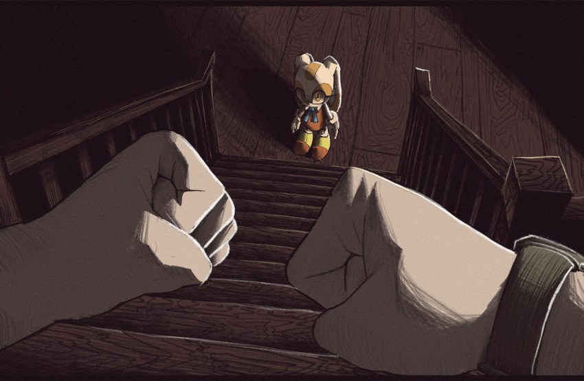1girl 1other animal_ears clenched_hands commentary_request cream_the_rabbit dress furry furry_female gloves highres orange_dress orange_eyes pov pov_hands rabbit_ears sonic_(series) souldroids stairs watch watch white_gloves wooden_floor