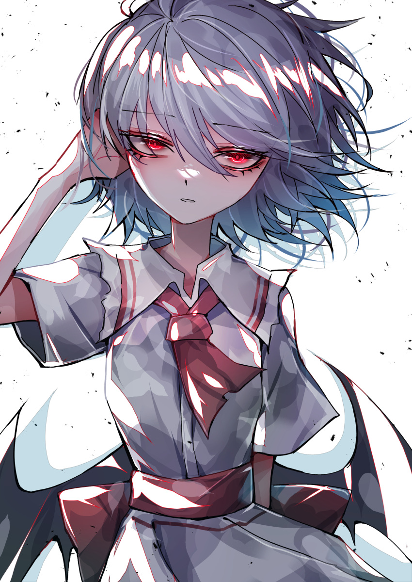 1girl 33_gaff absurdres ascot bat_wings commentary grey_hair highres looking_at_viewer open_mouth red_ascot red_eyes remilia_scarlet shirt short_hair short_sleeves simple_background solo touhou white_background white_shirt wings