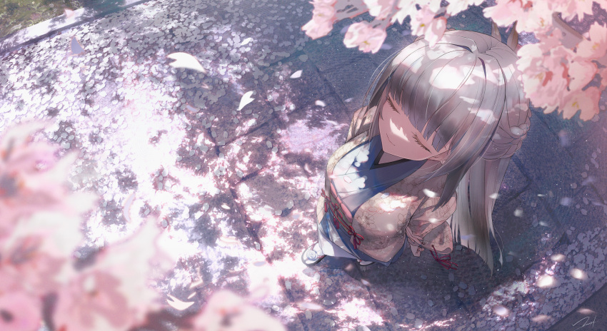 1girl black_hair blunt_bangs cherry_blossoms closed_eyes closed_mouth commentary dappled_sunlight english_commentary floral_print_kimono flower_knot footwear_flower from_above full_body hair_intakes highres japanese_clothes kimono long_hair original petals sandals smile solo standing sunlight tabi tassel wide_sleeves yukai_nao zouri
