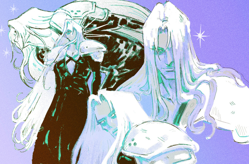 1boy aqua_eyes armor black_cloak cleavage_cutout cloak closed_mouth clothing_cutout final_fantasy final_fantasy_vii final_fantasy_vii_remake hair_over_one_eye highres long_hair looking_at_viewer macydraws multiple_views pauldrons purple_background sephiroth shoulder_armor simple_background straight_hair white_hair