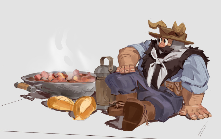 1boy absurdres alternate_costume beard boots bread brown_hair captainpacito cooking dungeon_meshi dwarf facial_hair fake_horns food full_body hand_on_floor hat helmet highres horned_helmet horns large_hands long_beard looking_to_the_side male_focus senshi_(dungeon_meshi) sitting solo sparse_arm_hair steam sun_hat thick_mustache very_long_beard wok