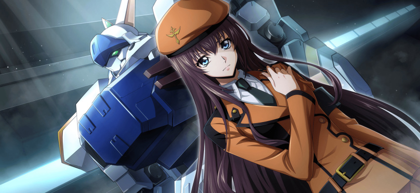 1girl arm_at_side armband aroundight_(code_geass) artist_request belt beret blue_eyes brown_hair buttons closed_mouth code_geass code_geass:_lost_stories collared_shirt dutch_angle game_cg green_eyes green_necktie hair_between_eyes hand_on_own_chest hand_up hat highres indoors jacket light_particles light_rays long_hair long_sleeves maya_disel mecha necktie non-web_source official_art orange_hat orange_jacket robot serious shirt sidelocks solo standing upper_body v-shaped_eyebrows white_shirt