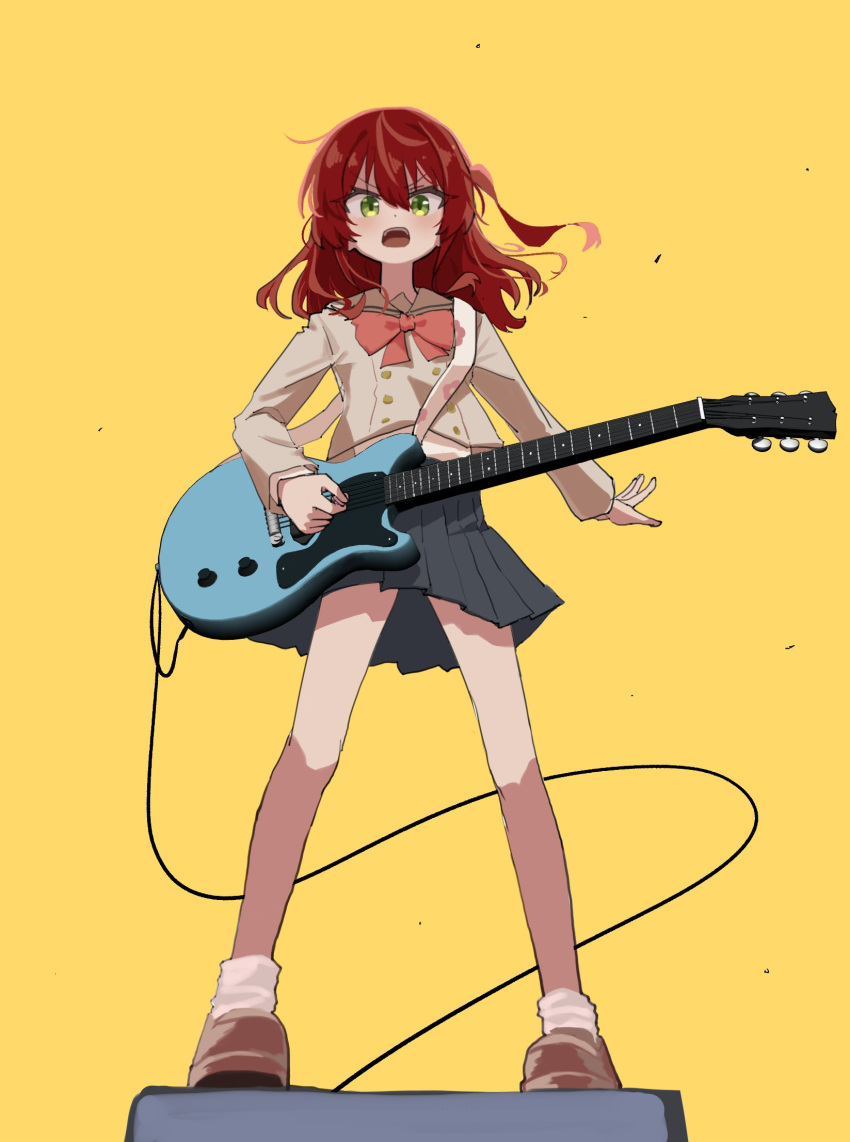 1girl baggy_socks bocchi_the_rock! bow bowtie brown_footwear brown_sweater commentary electric_guitar full_body gibson_les_paul green_eyes grey_skirt guitar hair_between_eyes highres holding holding_guitar holding_instrument holding_plectrum instrument kita_ikuyo long_hair long_sleeves one_side_up open_mouth pleated_skirt plectrum red_bow red_bowtie redhead sailor_collar school_uniform serafuku shuka_high_school_uniform skirt socks solo standing suranachal112 sweater teeth upper_teeth_only white_sailor_collar white_socks