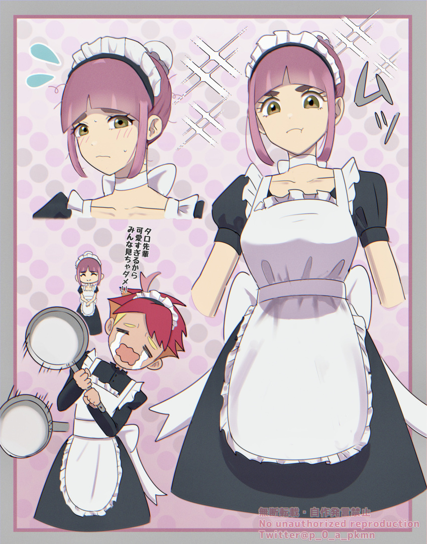1boy 1girl :t absurdres afterimage alternate_costume apron arched_bangs black_dress blush border brown_eyes choker closed_eyes closed_mouth collarbone commentary_request crispin_(pokemon) crying dress enmaided flying_sweatdrops frills frying_pan grey_border highres holding holding_frying_pan lacey_(pokemon) maid maid_headdress motion_lines multiple_views open_mouth p_0_a pokemon pokemon_sv purple_hair short_sleeves streaming_tears tears translation_request white_apron white_choker