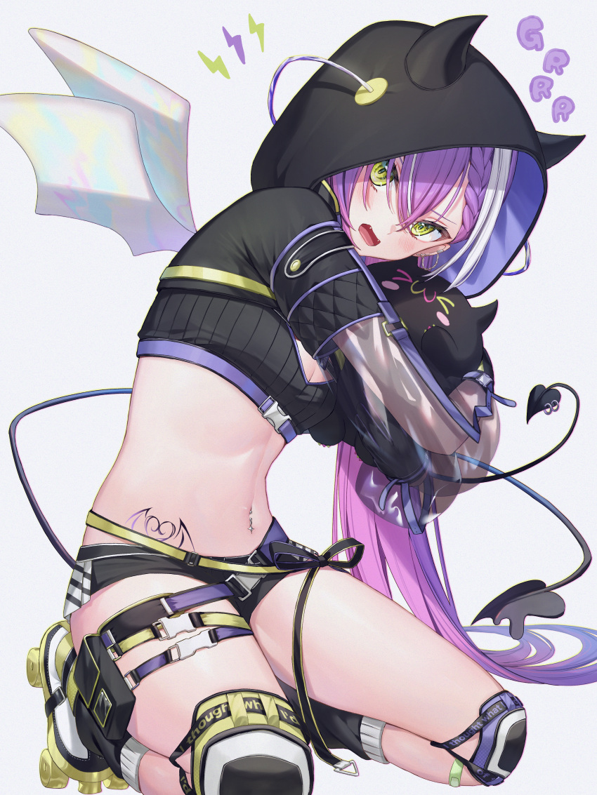 1girl absurdres alternate_color bandeau bibi_(tokoyami_towa) black_bandeau black_shorts black_shrug black_tube_top breasts commentary_request demon_tail demon_wings gloves green_eyes highres hip_tattoo hololive hood hood_up hooded_shrug knee_pads long_hair looking_at_viewer multicolored_hair navel navel_piercing piercing pink_hair purple_hair roller_skates runlan_0329 see-through see-through_sleeves shorts skates solo strapless streaked_hair tail tokoyami_towa tokoyami_towa_(5th_costume) tube_top virtual_youtuber white_background white_gloves winged_heart_tattoo wings