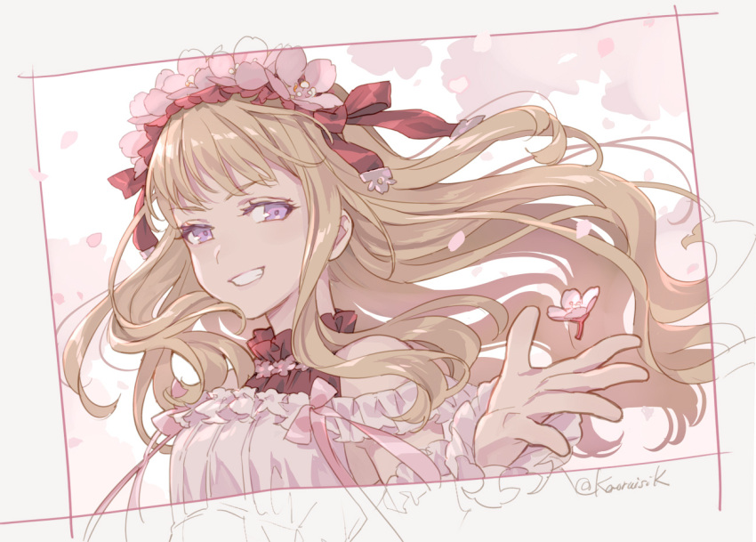 1girl alternate_costume artist_name blonde_hair blunt_bangs bow cagliostro_(granblue_fantasy) cherry_blossoms commentary_request cropped_shoulders dress floating_hair flower frilled_dress frilled_shirt_collar frilled_sleeves frills granblue_fantasy grin head_wreath headband long_hair multicolored_clothes multicolored_dress off_shoulder outstretched_hand petals pink_dress pink_flower pota_(bluegutty) red_bow sidelocks signature smile solo tree twitter_username violet_eyes