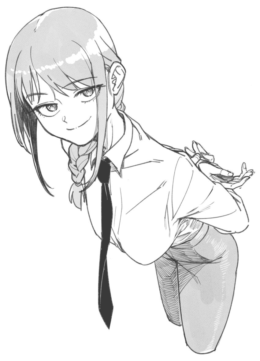 1girl arms_behind_back bent_over braid breasts chainsaw_man closed_mouth collared_shirt cropped_legs fingernails greyscale highres looking_at_viewer makima_(chainsaw_man) medium_hair monochrome necktie pants ringed_eyes sake_goroke shirt shirt_tucked_in sidelocks simple_background single_braid smile solo white_background