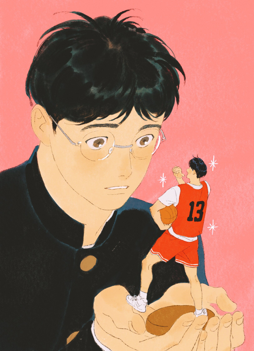 1boy ball basketball_(object) basketball_uniform black_hair black_jacket brown_eyes character_doll chengongzi123 chinese_commentary commentary_request gakuran glasses hands_up highres holding holding_ball in_palm jacket kogure_kiminobu long_sleeves male_focus parted_lips pink_background pointing pointing_at_self round_eyewear school_uniform short_hair simple_background slam_dunk_(series) sparkling_aura sportswear upper_body very_short_hair
