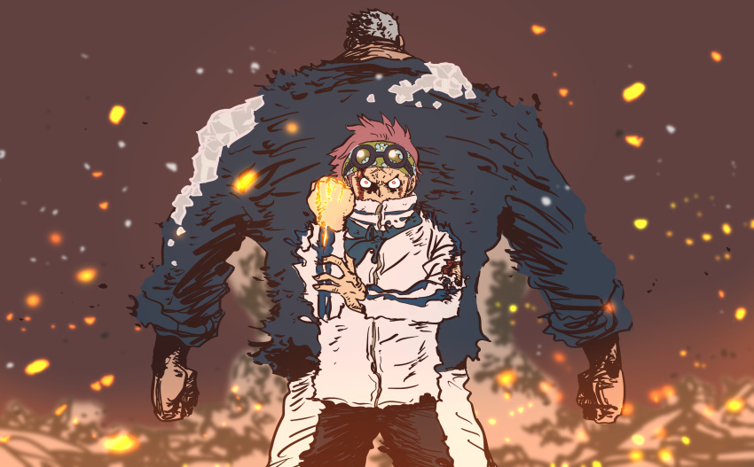 2boys absurdres back back-to-back blood blood_on_face blue_neckerchief blue_shirt clenched_hand clenched_hands eyewear_on_head glasses grey_hair headband highres katsumi_ishizuka koby_(one_piece) long_sleeves male_focus monkey_d._garp multiple_boys neckerchief official_art one_piece pink_hair round_eyewear scar scar_on_face shirt short_hair