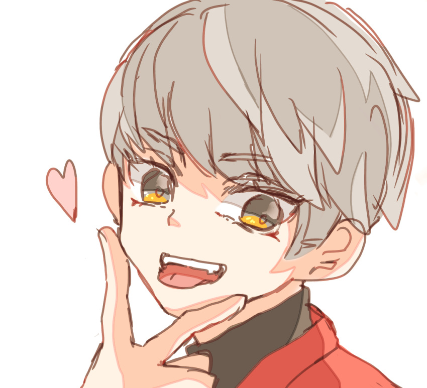 1girl animification apex_legends black_sweater brown_eyes grey_hair heart jacket looking_at_viewer portrait red_jacket roki._(user_vkdn7485) short_hair simple_background sketch smile solo sweater tongue tongue_out v valkyrie_(apex_legends) white_background