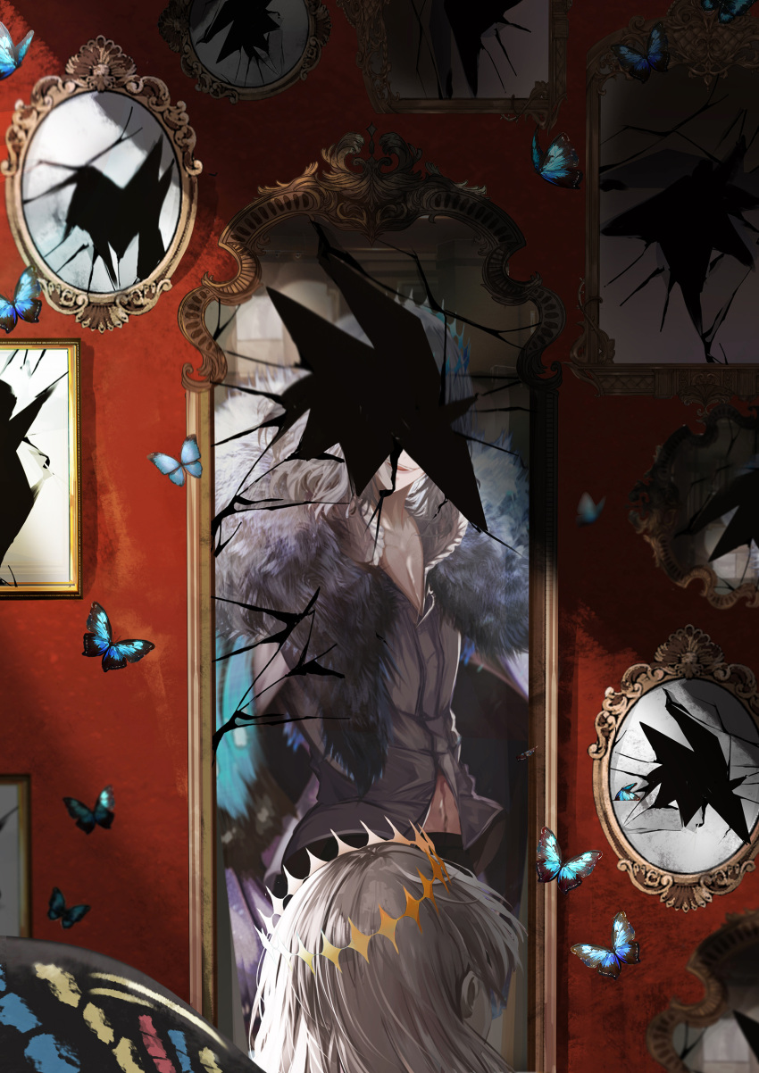 2boys absurdres antinese arthropod_boy black_hair broken_mirror bug butterfly butterfly_wings cape collared_shirt commentary_request crown dark_persona diamond_hairband dual_persona fate/grand_order fate_(series) from_behind full-length_mirror fur-trimmed_cape fur_trim grey_hair highres indoors insect_wings looking_at_viewer male_focus medium_hair mirror multiple_boys oberon_(fate) oberon_(third_ascension)_(fate) reflection shirt smile upper_body wing_cape wings