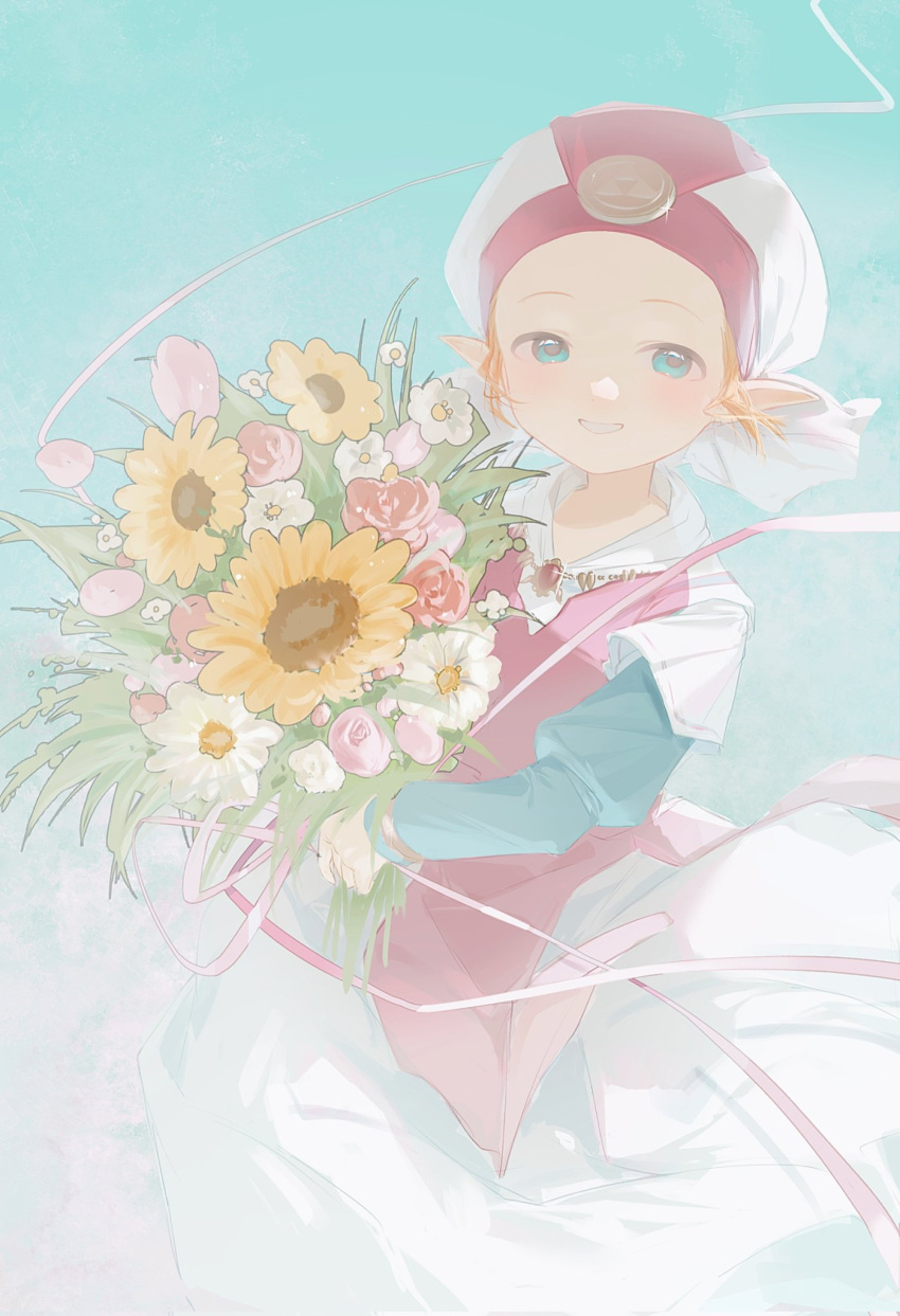 1girl blue_eyes blush bouquet child chinese_commentary commentary_request cowboy_shot dress flower grin hat highres holding holding_bouquet jewelry light_blue_background long_dress long_sleeves looking_at_viewer necklace orange_hair pink_flower pink_rose pointy_ears princess_zelda rose smile solo standing sunflower the_legend_of_zelda the_legend_of_zelda:_ocarina_of_time triforce white_flower young_zelda yun_(dl2n5c7kbh8ihcx)