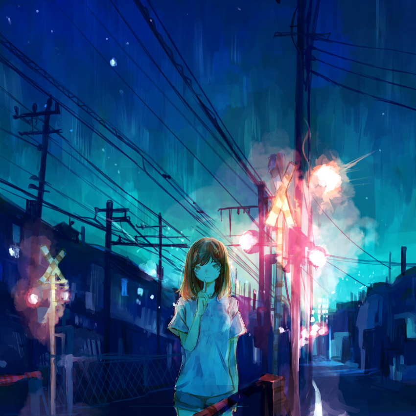 1girl arm_at_side brown_hair building closed_mouth commentary_request finger_to_own_chin grey_eyes grey_shorts highres index_finger_raised long_hair looking_at_viewer medium_hair night night_sky original outdoors power_lines railroad_crossing scenery shirt short_sleeves shorts sky smile solo standing star_(sky) train utility_pole white_shirt yori_(f2_ef7)