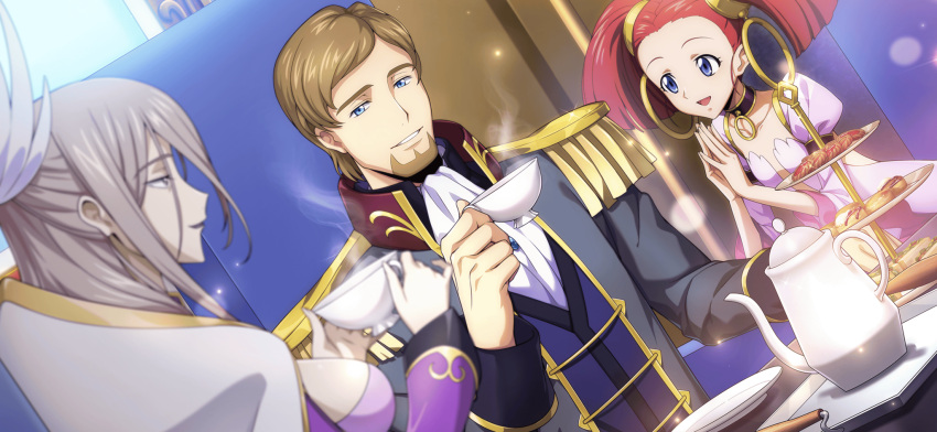 1boy 2girls artist_request ascot beard black_choker blue_eyes blue_vest blurry blurry_foreground breasts brown_hair carine_ne_britannia child choker code_geass code_geass:_lost_stories collarbone cookie cup dress drink dutch_angle epaulettes facial_hair flat_chest food forehead game_cg grey_eyes grey_hair grey_jacket grin guinevere_de_britannia half-closed_eyes hand_up hands_up happy high_collar highres holding holding_cup holding_drink jacket juliet_sleeves large_breasts light_particles long_hair long_sleeves looking_at_another looking_at_viewer military_uniform multiple_girls non-web_source odysseus_eu_britannia official_art on_chair open_mouth own_hands_together pink_dress puffy_sleeves redhead sandwich saucer shirt short_hair sidelocks sitting smile steam tart_(food) teacup teapot teeth tiered_tray tray twintails uniform upper_body vest white_ascot white_shirt