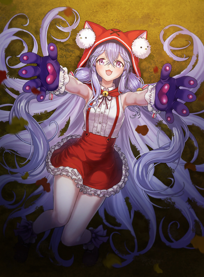 1girl :3 absurdres animal_ear_hood animal_hands armpits bell breasts brown_dust_2 cat_paws dress eyebrows_hidden_by_hair frilled_skirt frills full_body gloves grey_hair hair_between_eyes hair_tie highres hood jingle_bell knees_together_feet_apart long_hair looking_at_viewer lying miumx2 on_back on_grass open_mouth outstretched_arms purple_footwear purple_gloves red_hood red_skirt rou_(brown_dust) shadow skirt sleeveless sleeveless_dress small_breasts smile solo suspender_skirt suspenders very_long_hair violet_eyes white_dress