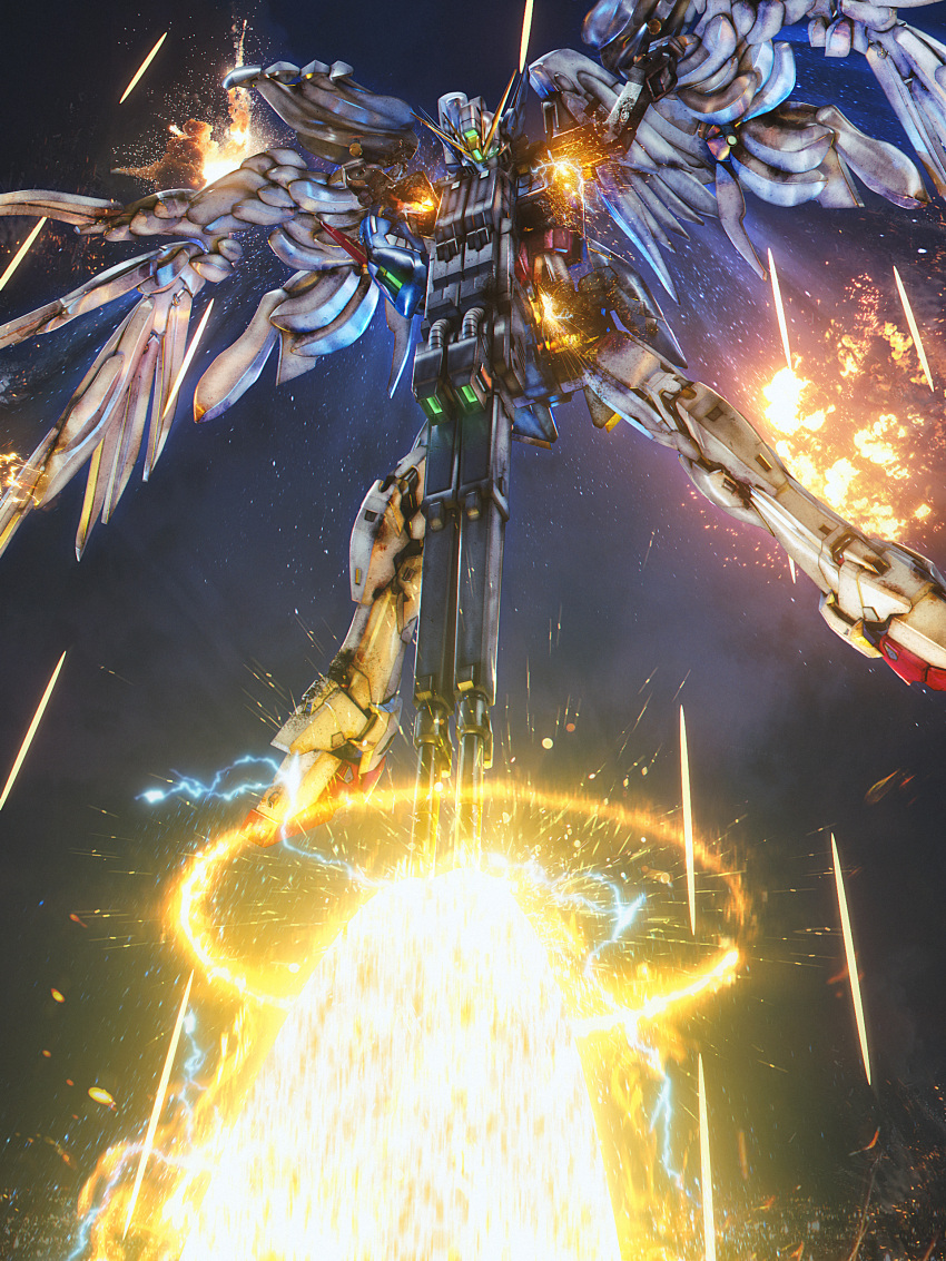 absurdres buster_rifle electricity energy_gun explosion firing glowing glowing_eyes green_eyes gun gundam gundam_wing gundam_wing_endless_waltz highres holding holding_gun holding_weapon legs_apart lolicon_(lolicon42051636) mecha mecha_focus mechanical_wings mobile_suit no_humans photoshop_(medium) robot science_fiction smoke solo sparks v-fin weapon wing_gundam_zero_custom wings