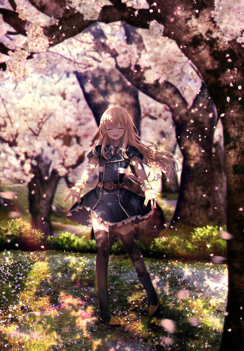 1boy ^_^ abandon_ranka black_thighhighs blonde_hair blurry boots cherry_blossoms closed_eyes commentary_request depth_of_field dress grass highres long_hair male_focus midare_toushirou open_mouth otoko_no_ko outdoors outstretched_arms petals smile thigh-highs touken_ranbu tree