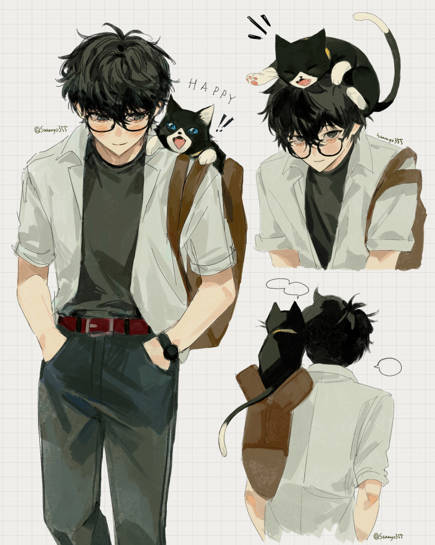 ! !! 1boy absurdres amamiya_ren animal_on_head bag belt black_pants black_shirt buckle cat cat_on_head collared_shirt denim grid_background hands_in_pockets highres jeans male_focus multiple_views notice_lines on_head open_clothes open_shirt pants persona persona_5 red_belt saamyo355 shirt short_sleeves simple_background tote_bag twitter_username watch watch white_background white_shirt