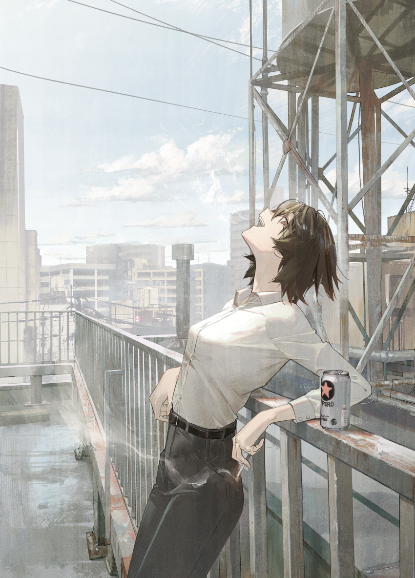 1girl :v absurdres against_railing beer_can belt black_belt black_hair black_pants blue_sky brown_hair building can city cityscape collared_shirt commentary_request day drink_can guard_rail highres leaning_back looking_at_viewer matsuura_kento neck office_lady original outdoors pant_suit pants railing rooftop shirt shirt_tucked_in sky smoking solo suit tobacco water_tank water_tower white_shirt