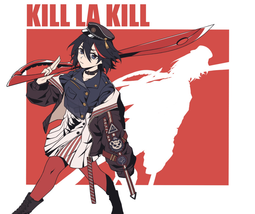 1girl arknights black_hair blue_eyes choker commentary commentary_request cosplay english_text hat highres jacket kill_la_kill long_sleeves looking_at_viewer matoi_ryuuko multicolored_hair open_clothes pantyhose patch red_background redhead scissor_blade_(kill_la_kill) shadow short_hair solo streaked_hair two-tone_hair weapon yi_zhi_qiu_qiu_qiu zima_(arknights) zima_(arknights)_(cosplay)