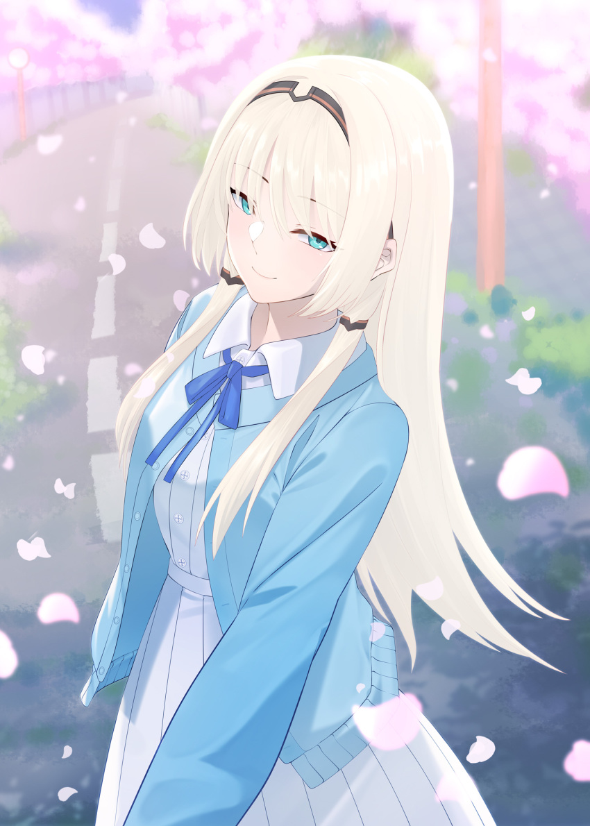 1girl alternate_costume an-94_(girls'_frontline) black_hairband blue_cardigan blue_eyes blue_ribbon blush cardigan cherry_blossoms closed_mouth commission dress eyebrows_hidden_by_hair falling_petals girls_frontline hairband highres long_hair looking_at_viewer outdoors petals ribbon samsam_s2s sidelocks smile solo white_dress