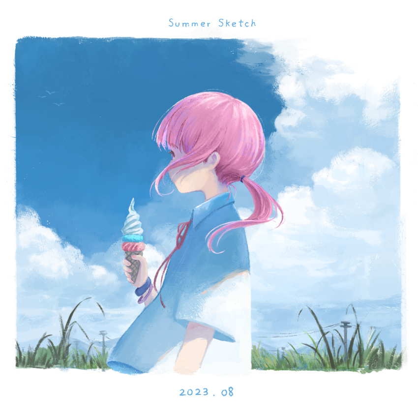 1girl blue_sky border clouds cloudy_sky collared_shirt commentary_request dannychuchi dated day english_text floating_hair from_side grass hand_up highres holding holding_ice_cream_cone ice_cream_cone kaf_(kamitsubaki_studio) kamitsubaki_studio long_hair looking_to_the_side low_ponytail outdoors pink_hair pink_ribbon power_lines profile ribbon rural shirt short_sleeves sidelocks sky solo summer upper_body utility_pole virtual_youtuber white_border white_shirt wind