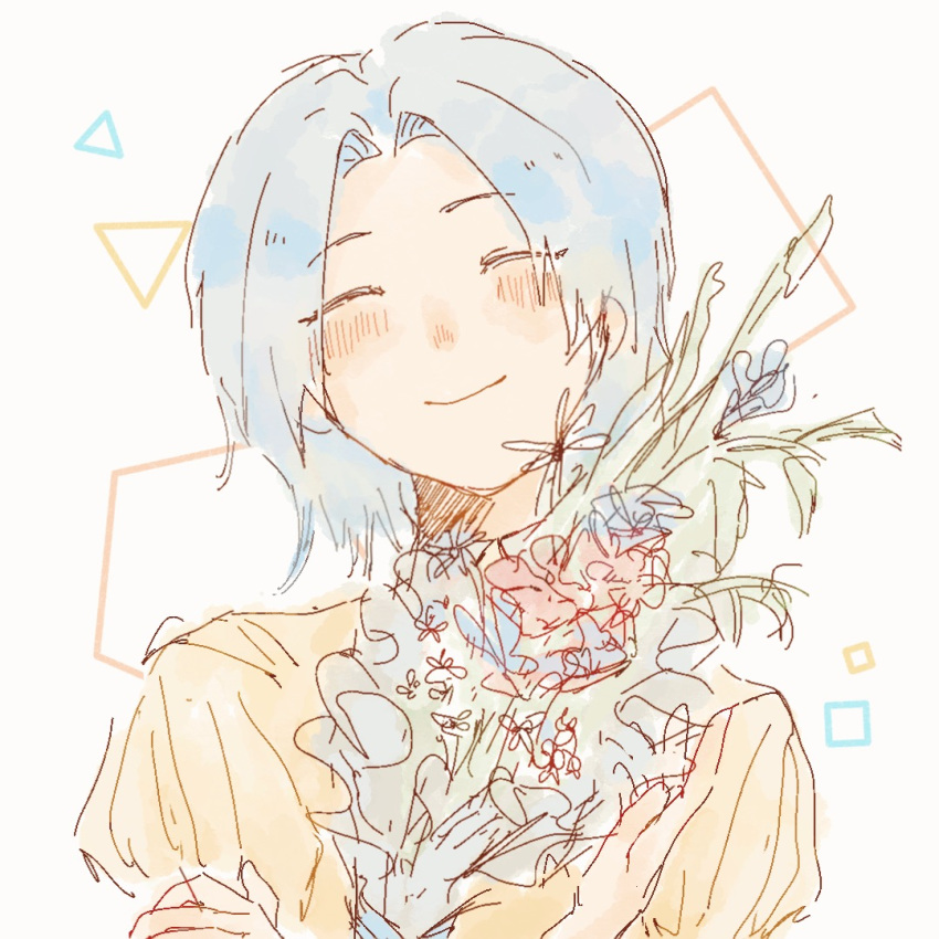 1girl blue_hair bouquet chinese_commentary closed_eyes closed_mouth commentary_request enomoto_noa er_san_san_san holding holding_bouquet light_blue_hair parted_bangs puffy_sleeves saibou_shinkyoku shirt short_hair sketch smile solo striped_clothes striped_shirt vertical-striped_clothes vertical-striped_shirt yellow_shirt