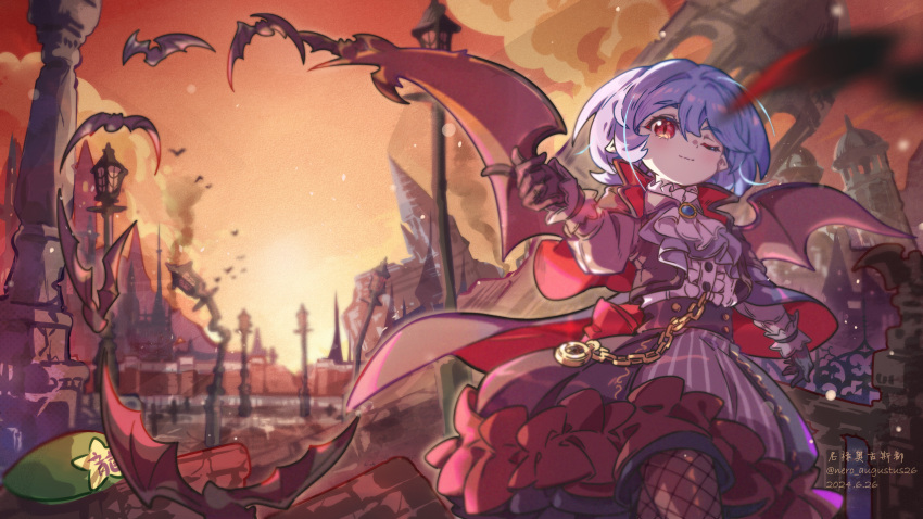 1girl alternate_costume artist_name ascot bat_(animal) bat_wings blue_hair buttons castle cloak coat collared_shirt corset dress fishnets frills gloves green_hat guilty_gear hand_up hat highres jacket jewelry lamppost nero_augustus no_headwear one_eye_closed pocket_watch pointing pointing_at_viewer red_cloak red_eyes red_jacket red_sky remilia_scarlet ruins shirt short_hair skirt sky slayer_(guilty_gear) smile smoke solo striped_clothes striped_dress striped_skirt touhou watch white_ascot wings wrist_cuffs