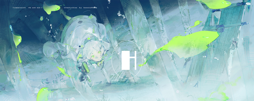 1girl air_bubble artist_name bubble closed_mouth coat commission expressionless full_body green_eyes highres leaf long_hair looking_ahead original outdoors parted_bangs sidelocks solo swimming underwater water white_coat white_hair yingfeng862