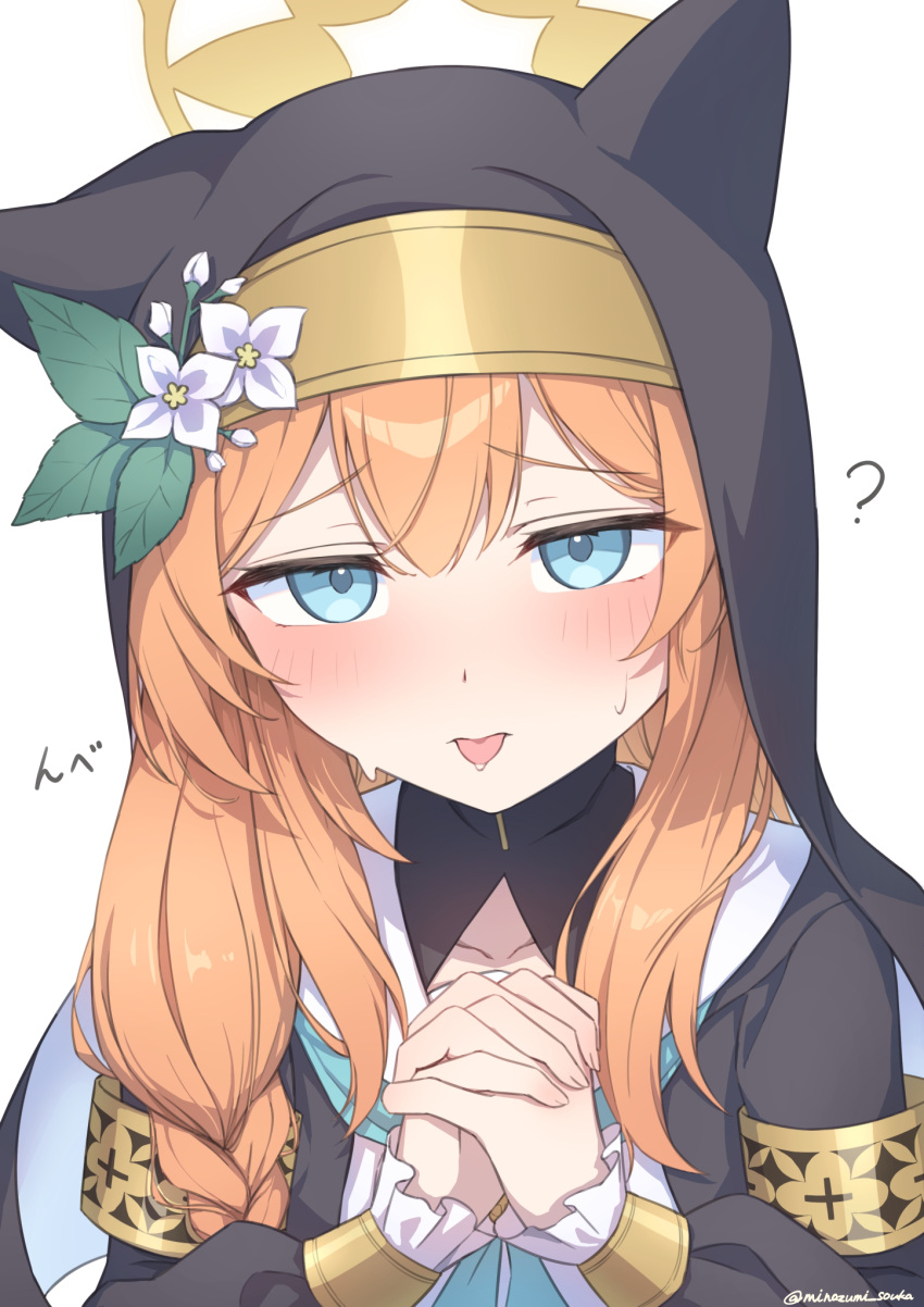 1girl :p ? animal_ear_headwear animal_ears blue_archive blue_eyes blue_neckerchief blush braid cat_ears coif collarbone commentary_request double-parted_bangs flower habit halo hat hat_flower highres interlocked_fingers long_hair mari_(blue_archive) minazumi_souka neckerchief nun orange_hair own_hands_clasped own_hands_together sailor_collar saliva sidelocks simple_background single_braid solo tongue tongue_out white_background white_flower yellow_halo