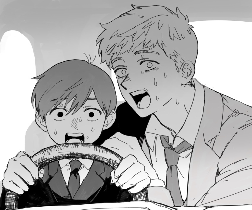 2boys chainsaw_man chilchuck_tims collared_shirt constricted_pupils driving dungeon_meshi greyscale hand_on_another's_shoulder highres jacket laios_touden looking_at_viewer male_focus meme monochrome multiple_boys necktie no_pupils open_mouth power_crashes_kobeni's_car_(meme) scared scene_reference shirt short_hair steering_wheel suit sweat upper_body wide-eyed zarame_pfpf