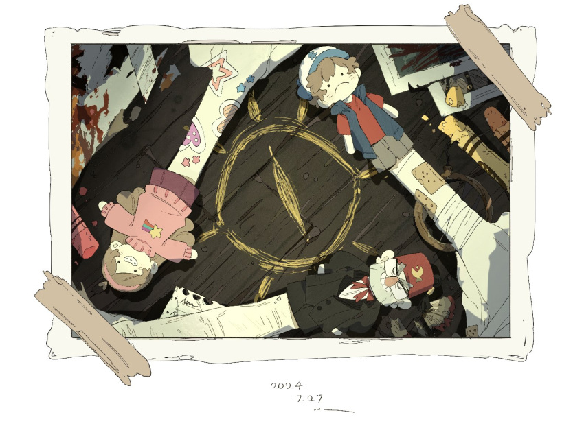 ._. 1girl 2024 2boys bandaged_hand bandages bandaid baseball_cap beard_stubble black_suit blue_hat blue_vest boxcutter braces brother_and_sister brown_eyes brown_hair brown_shorts character_doll chibi collared_shirt crayon dated dipper_pines eye_of_providence facial_hair fez_hat finger_puppet frown glasses grandfather_and_granddaughter grandfather_and_grandson gravity_falls grin hat headband heart_stickers izm_ovo long_hair mabel_pines multiple_boys necktie pink_headband pink_skirt pink_sweater polaroid_photo puppet red_necktie red_shirt shirt shooting_star_(symbol) shorts siblings skirt sleeveless sleeveless_jacket slit_pupils smile stanley_pines star_(symbol) star_print star_sticker sticker sticker_on_hand stubble suit sweater t-shirt twins uncle_and_nephew uncle_and_niece vest wavy_hair white_shirt wrinkled_skin