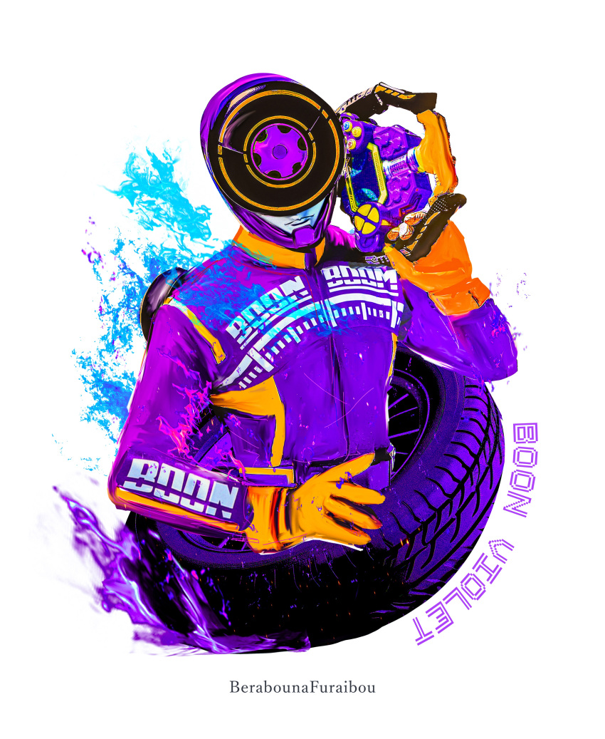 1boy absurdres bakuage_sentai_boonboomger bodysuit boonboom_controller bun_violet character_name commentary_request controller helmet highres holding holding_controller male_focus obakelope0530 purple_bodysuit purple_helmet simple_background solo super_sentai tire tokusatsu upper_body white_background