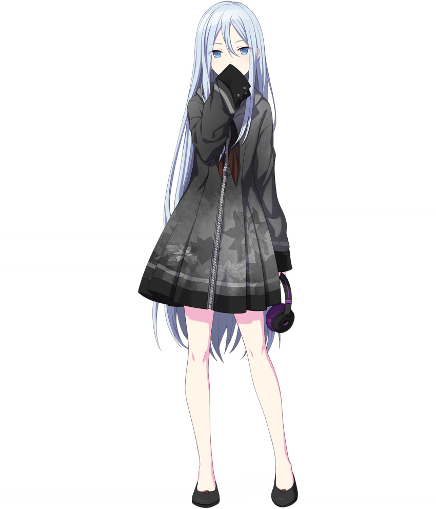 1girl black_footwear blue_eyes covered_mouth covering_own_mouth expressionless full_body grey_hair hair_between_eyes hand_over_own_mouth headphones highres holding holding_headphones long_hair long_sleeves looking_to_the_side non-web_source official_art project_sekai sleeves_past_fingers sleeves_past_wrists solo straight_hair tachi-e very_long_hair yoisaki_kanade