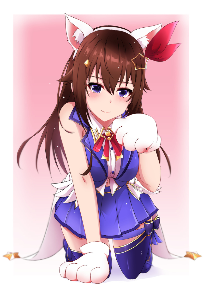 1girl animal_ear_fluff animal_ears animal_hands blue_eyes blue_thighhighs blue_vest blush breasts brown_hair cat_hair_ornament cat_paws cropped_shirt cropped_vest detached_hair diamond_hair_ornament fold-over_boots gloves hair_flaps hair_ornament hairclip highres hololive kemonomimi_mode kneeling leg_ribbon long_hair looking_at_viewer moezi navel paw_gloves paw_pose red_ribbon ribbon shirt skirt sleeveless sleeveless_shirt smile solo star_(symbol) star_hair_ornament thigh-highs thigh_ribbon tokino_sora tokino_sora_(1st_costume) vest virtual_youtuber waist_cape white_shirt