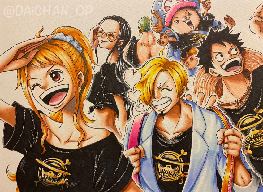&gt;_&lt; 2girls 4boys ^_^ back bag black_hair black_shirt blonde_hair closed_eyes commentary_request crop_top cross curly_eyebrows daichan_op earrings facial_hair goatee green_hair hair_over_one_eye hat highres jacket jewelry jolly_roger looking_to_the_side monkey_d._luffy multiple_boys multiple_girls nami_(one_piece) nico_robin one_eye_closed one_piece open_mouth orange_hair pearl_earrings ponytail roronoa_zoro sanji_(one_piece) shirt short_hair shoulder_bag sidelocks smile straw_hat straw_hats_jolly_roger sunglasses tony_tony_chopper topless_male twitter_username
