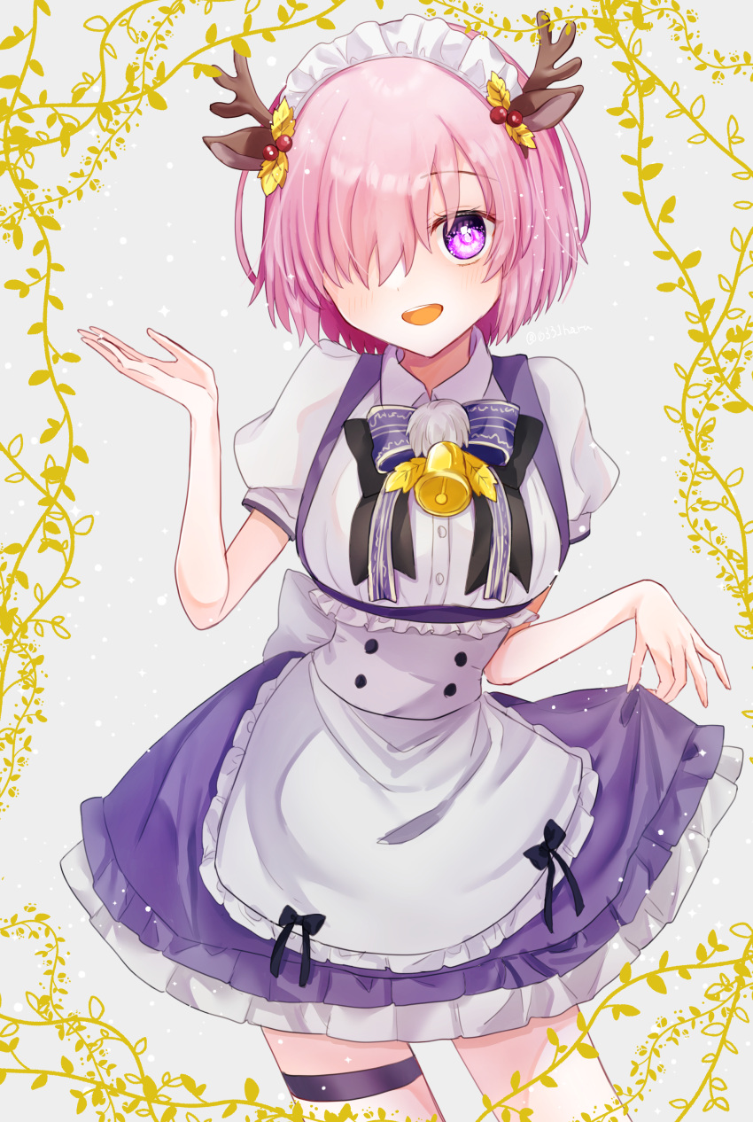 1girl :d absurdres animal_ears antlers apron black_bow black_bowtie bow bowtie deer_ears dress_shirt fate/grand_order fate_(series) hair_ornament harukappa highres horns looking_at_viewer maid_headdress mash_kyrielight miniskirt open_mouth pink_eyes pink_hair purple_bow purple_bowtie purple_skirt reindeer_antlers shirt short_hair short_sleeves skirt smile solo standing suspender_skirt suspenders thigh_strap waist_apron white_apron white_shirt