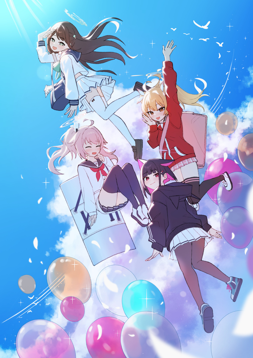 4girls absurdres after-school_sweets_club_(blue_archive) airi_(blue_archive) animal_ears arm_up balloon black_footwear black_hair black_jacket black_pantyhose black_sailor_collar black_thighhighs blonde_hair blue_archive buttons cardigan cat_ears closed_eyes clouds cloudy_sky colored_inner_hair extra_ears green_eyes green_halo halo highres hood hood_down hooded_jacket jacket kazusa_(blue_archive) long_hair long_sleeves momocadraw multicolored_hair multiple_girls natsu_(blue_archive) neckerchief open_mouth pantyhose pink_hair pink_halo pink_skirt pleated_skirt ponytail red_jacket red_neckerchief sailor_collar school_uniform serafuku shoes short_hair skirt sky smile thigh-highs twintails white_cardigan white_skirt white_thighhighs yellow_halo yoshimi_(blue_archive)