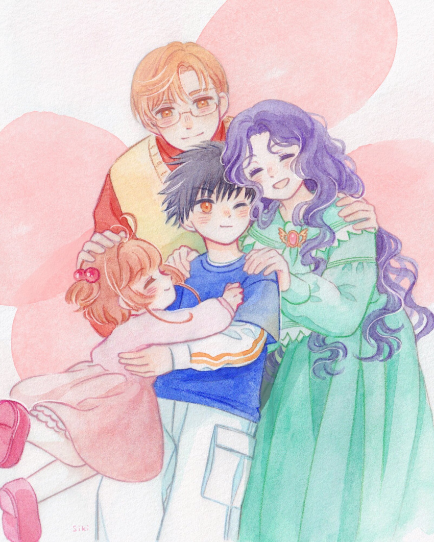 2boys 2girls ;) aged_down black_hair blue_shirt brooch cardcaptor_sakura child closed_eyes dress facing_viewer glasses green_dress hair_bobbles hair_ornament hand_on_another's_head hands_on_another's_shoulders happy headpat highres imminent_hug jewelry kinomoto_fujitaka kinomoto_nadeshiko kinomoto_sakura kinomoto_touya komugiko_siki layered_sleeves leaning_forward leaning_on_person long_sleeves looking_at_viewer multiple_boys multiple_girls one_eye_closed one_side_up orange_eyes orange_hair pants parted_bangs pink_dress pink_footwear pocket purple_hair red_shirt shirt shoes short_over_long_sleeves short_sleeves sidelocks smile sweater_vest t-shirt traditional_media wavy_hair white_pants