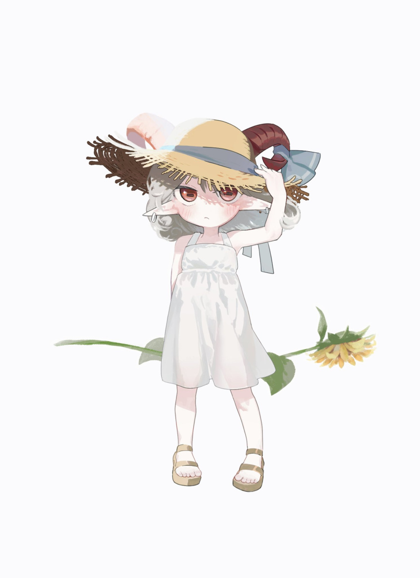 1girl alternate_costume arolayukomori blush brown_footwear closed_mouth commentary_request curled_horns curly_hair dress earrings expressionless flat_chest flower full_body hand_on_headwear hat highres holding holding_flower horizontal_pupils horns jewelry looking_at_viewer medium_bangs medium_hair pointy_ears red_eyes red_horns sandals simple_background solo standing sun_hat sundress sunflower touhou toutetsu_yuuma white_background white_dress yellow_flower