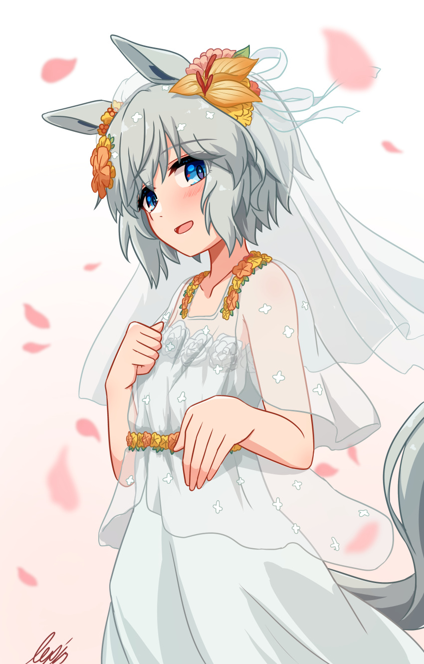 1girl absurdres animal_ears blue_eyes blush bridal_veil commentary_request cowboy_shot dress flat_chest flower grey_hair hair_flower hair_ornament hand_on_own_hip highres horse_ears horse_girl horse_tail lexis_yayoi looking_at_viewer looking_to_the_side open_mouth petals reaching reaching_towards_viewer rose_petals seiun_sky_(umamusume) short_hair signature smile solo standing tail umamusume veil white_background white_dress
