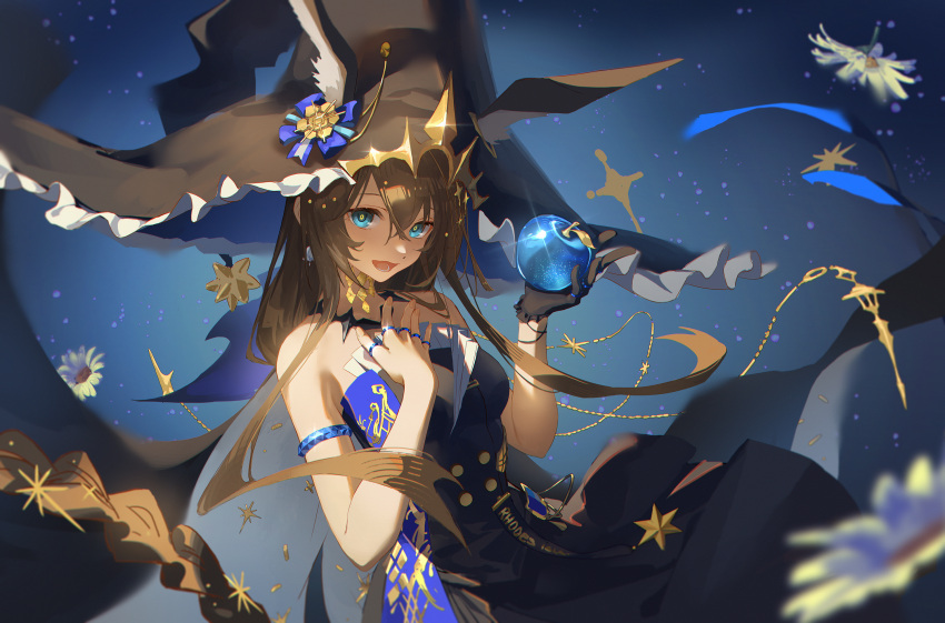 1girl amiya_(arknights) animal_ears arknights armlet ash-c bare_shoulders black_dress black_gloves blue_apple blue_eyes brown_hair dandelion dress flower gloves hand_on_own_chest hat highres jewelry long_hair multiple_rings necklace open_mouth rabbit_ears rabbit_girl ring solo thumb_ring witch witch_hat