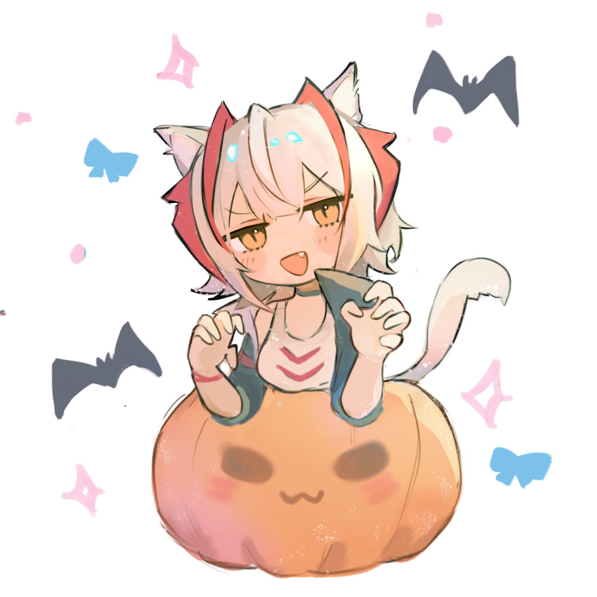 1girl animal_ears antenna_hair arknights beiwushide_lr blush_stickers chibi claw_pose fang halloween hands_up highres kemonomimi_mode looking_at_viewer multicolored_hair no_nose open_mouth orange_eyes pumpkin redhead short_hair simple_background sketch_background solo streaked_hair tail tail_raised tank_top w_(arknights) white_background white_hair white_tail white_tank_top