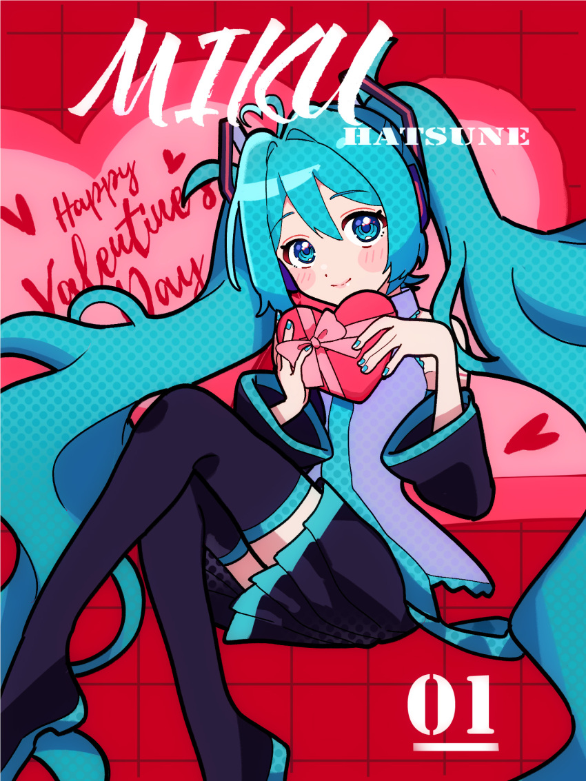 1girl blue_eyes blue_hair blush_stickers boots box character_name collared_shirt detached_sleeves hair_ornament happy_valentine hatsune_miku heart heart-shaped_box highres holding holding_box knees_up long_hair long_sleeves looking_at_viewer nail_polish necktie pleated_skirt shirt sitting skirt sleeveless sleeveless_shirt smile solo sugarmonaka thigh_boots twintails valentine very_long_hair vocaloid