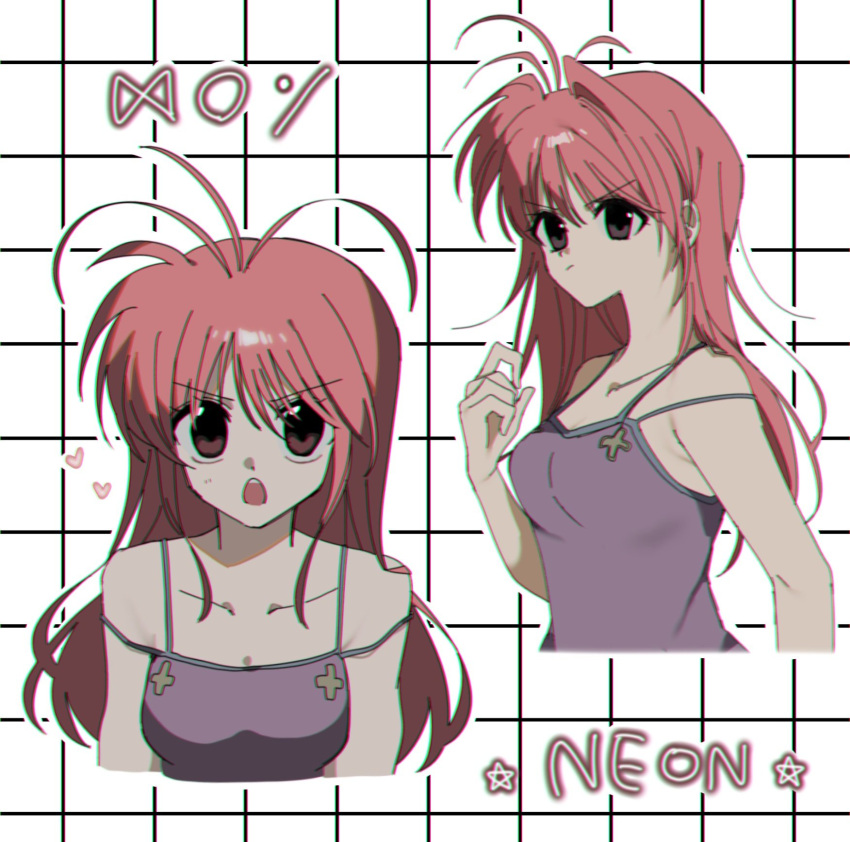 1girl antenna_hair camisole character_name collarbone commentary grid_background highres hunter_x_hunter long_hair looking_at_viewer looking_to_the_side multiple_views neon_nostrade open_mouth purple_camisole redhead teeth umxx_i upper_body upper_teeth_only violet_eyes