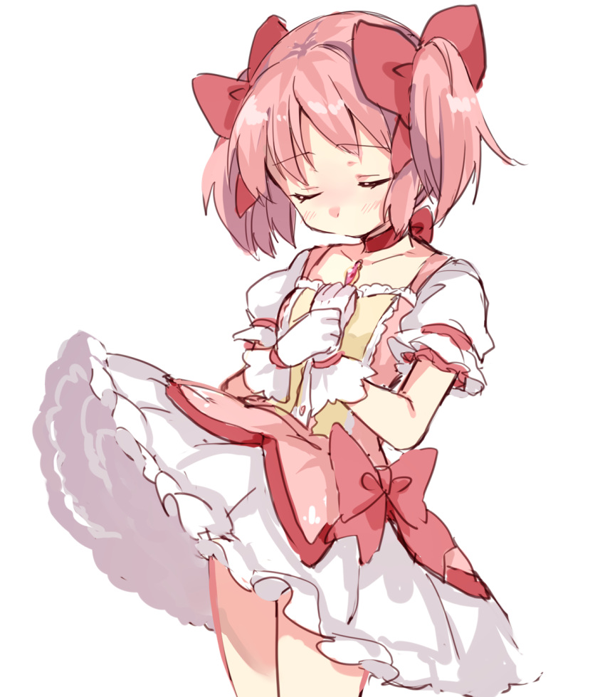 1girl blush bow choker closed_eyes dress facing_down gloves hair_bow hands_on_own_chest highres kaname_madoka mahou_shoujo_madoka_magica own_hands_together paragasu_(parags112) pink_hair short_sleeves solo twintails
