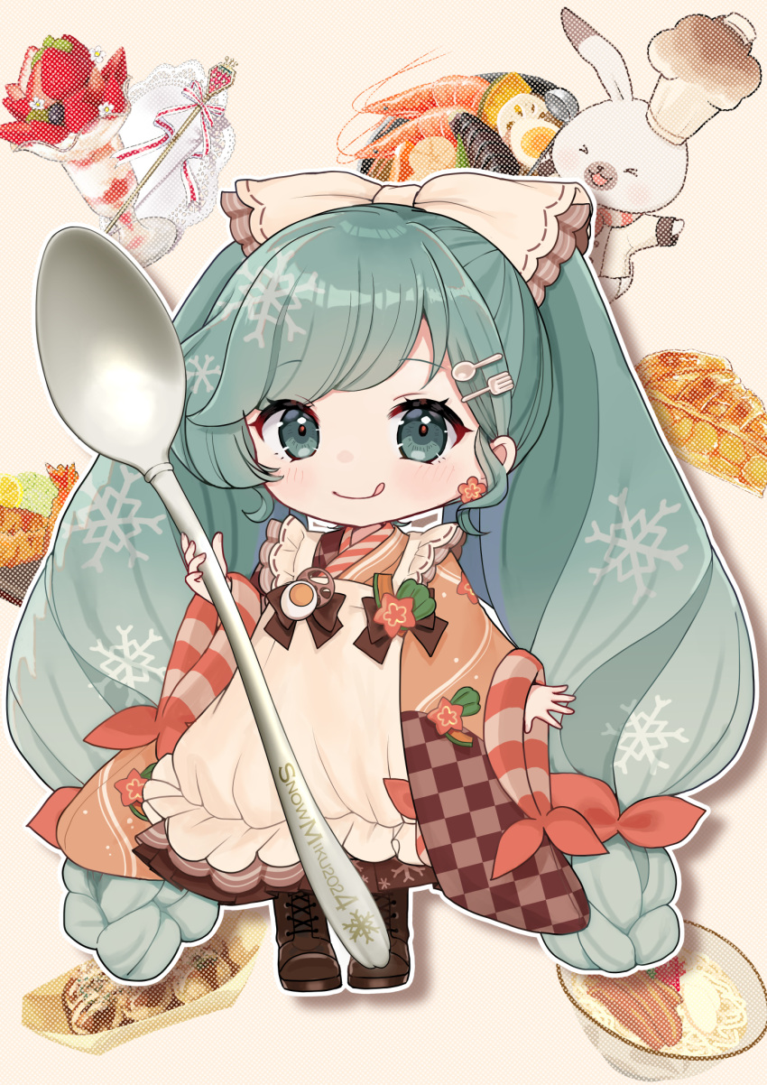 1girl absurdly_long_hair apron aqua_eyes aqua_hair arm_at_side blush boots bow brown_background brown_bow brown_footwear brown_hakama brown_kimono brown_skirt character_name checkered_clothes checkered_kimono chibi chibi_only closed_mouth cross-laced_footwear curly_sidelocks earrings egg_(food) english_text flower_earrings food fork_hair_ornament frilled_apron frills fruit full_body hair_bow hair_ornament hakama hakama_skirt hatsune_miku highres holding holding_spoon japanese_clothes jewelry kimono lace-up_boots lemon lemon_slice long_hair looking_at_viewer low-braided_long_hair low-tied_long_hair mofmama nail_polish noodles orange_bow orange_kimono outline oversized_spoon pink_nails pleated_skirt print_kimono ramen red_pupils shrimp simple_background skirt smile solo spoon spoon_hair_ornament standing star_(symbol) strawberry striped_clothes striped_kimono tongue tongue_out twintails very_long_hair vocaloid white_apron white_bow white_outline yuki_miku yuki_miku_(2024)