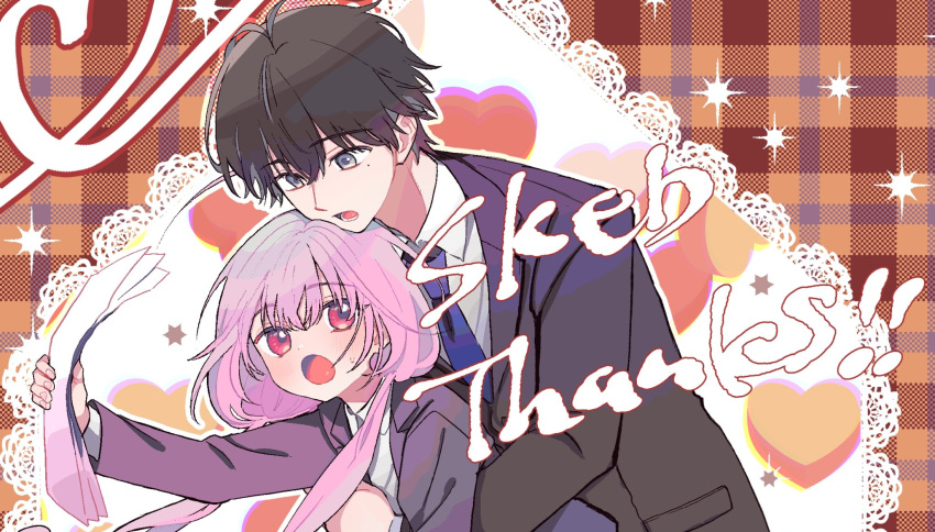 1boy 1girl amezawa_koma black_hair borrowed_character commission couple grey_eyes hetero highres hug hug_from_behind long_hair looking_at_another low_twintails mole mole_under_eye necktie office_lady open_mouth original pink_hair red_eyes skeb_commission suit twintails upper_body