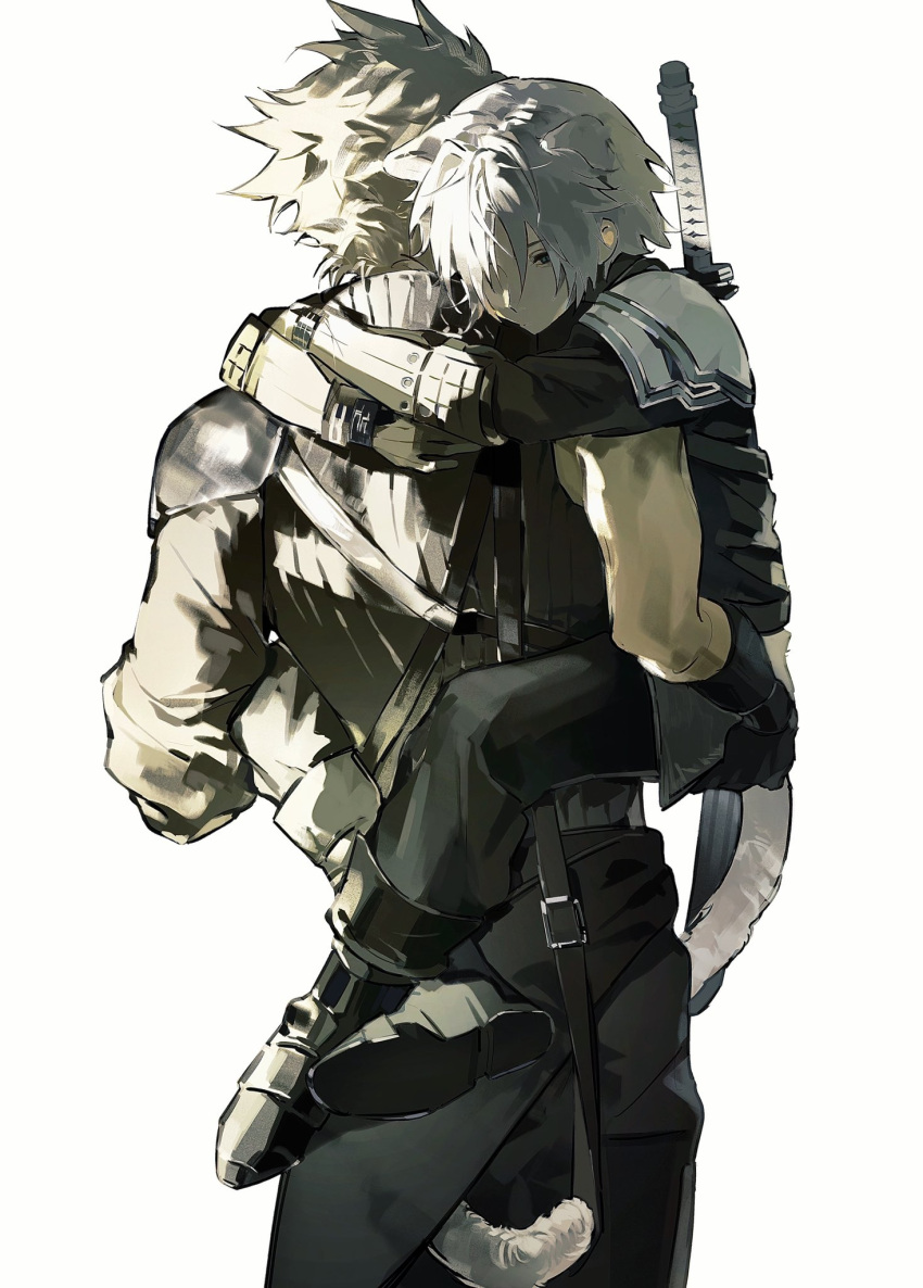 2boys age_difference aged_down animal_ears arm_armor armor arms_around_waist asymmetrical_sleeves black_coat black_footwear black_pants blonde_hair boots carrying carrying_person cat_boy cat_ears cat_tail chinese_commentary cloud_strife coat commentary_request facing_away final_fantasy final_fantasy_vii final_fantasy_vii_advent_children final_fantasy_vii_ever_crisis grey_hair hair_over_one_eye hand_on_another's_thigh height_difference highres katana leg_lock long_sleeves male_focus multiple_boys pants parted_bangs pauldrons sephiroth short_hair shoulder_armor simple_background single_pauldron spiky_hair sword sword_on_back tail time_paradox waist_cape weapon weapon_on_back white_background yiran_toru